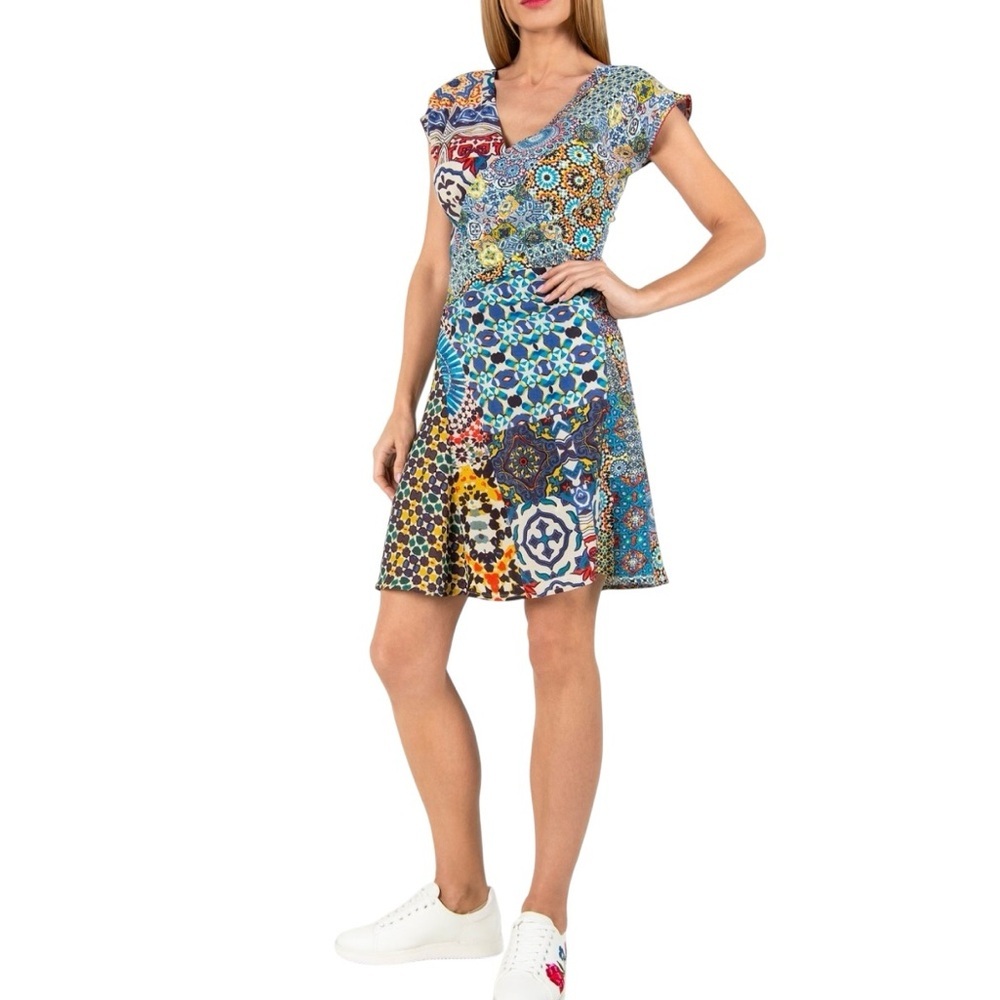 Desigual boho print short sleeve fit & flare v-neck dress excellent condition